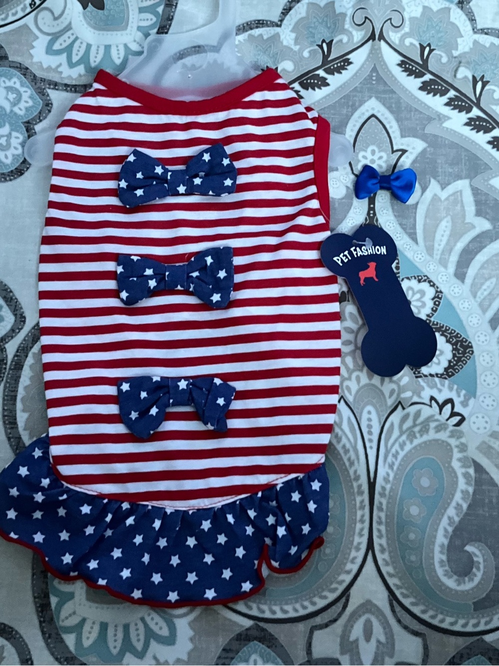 Pet Fashion Patriotic Red & White Striped Dog Dress with Star Bow Accents